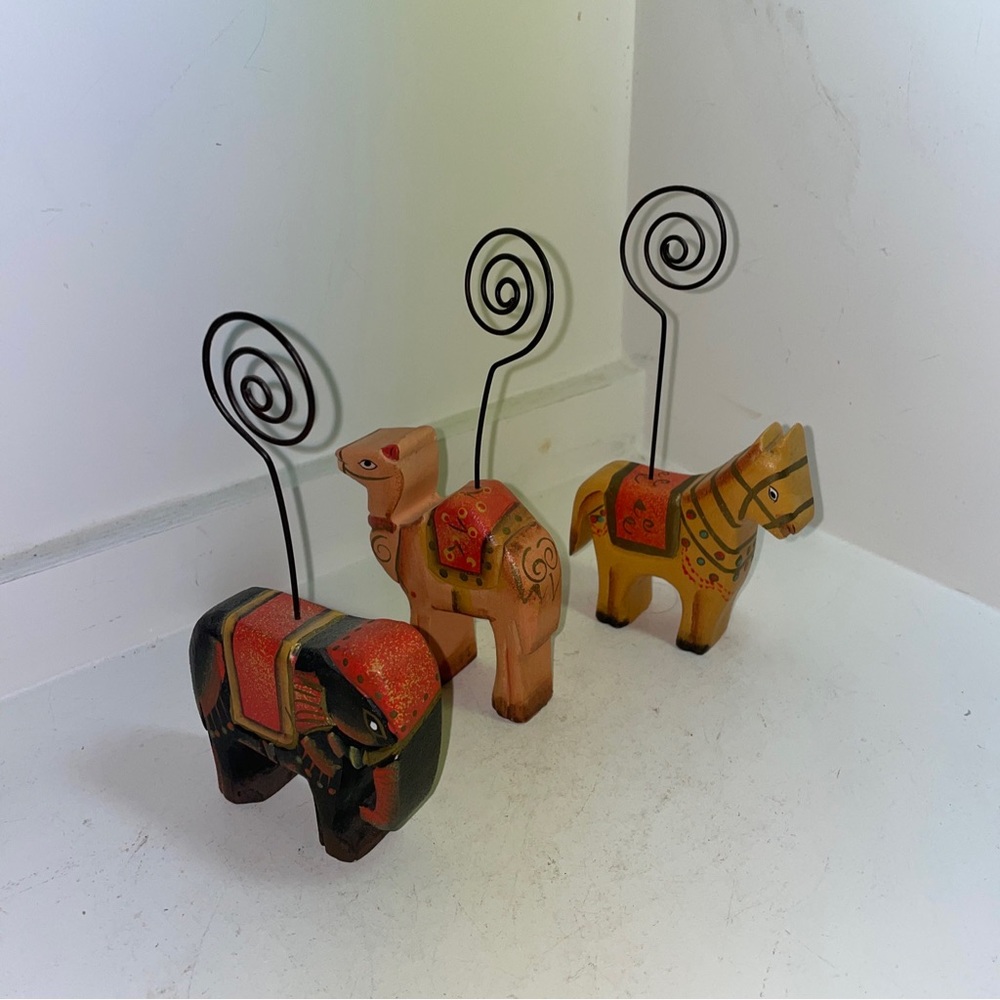 Vintage Set of Three Wooden Note / Picture Holders Elephant Horse and Camel